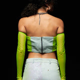 Denim Corset Top with Neon Green Net Sleeves