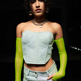 Denim Corset Top with Neon Green Net Sleeves