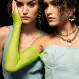 Denim Corset Top with Neon Green Net Sleeves