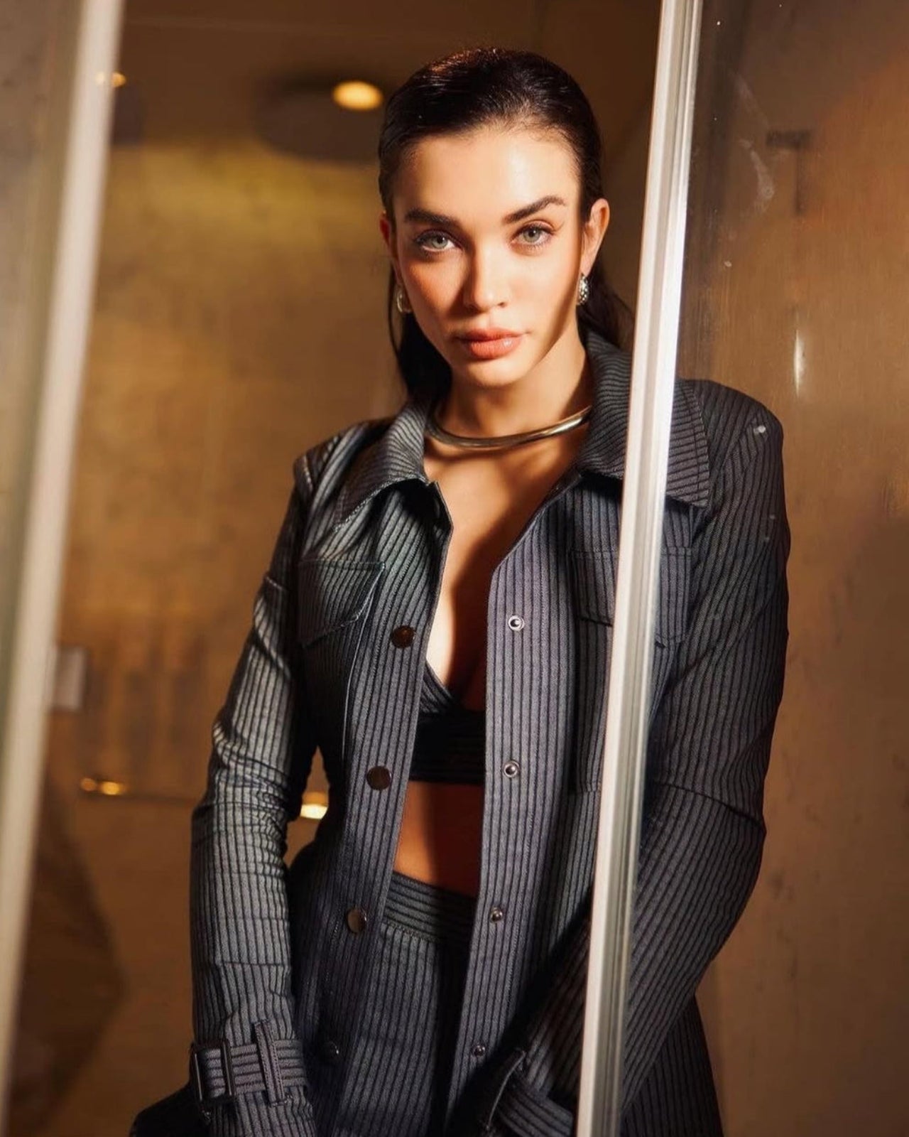 Amy Jackson wearing Priyanca Khanna striped denim co-ord set