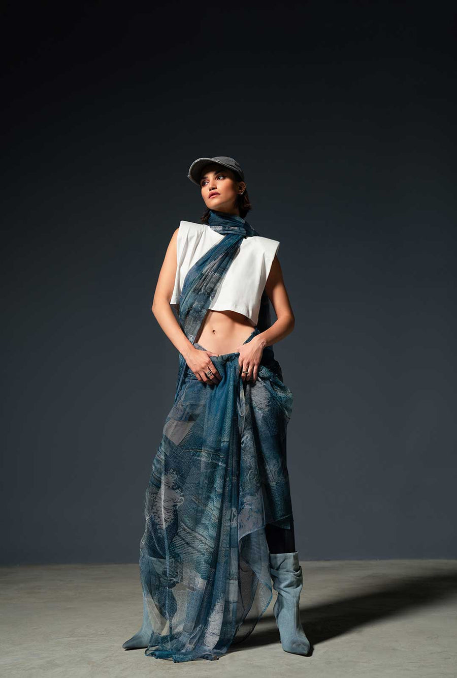 Blue Denim Print Saree