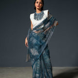 Blue Denim Print Saree