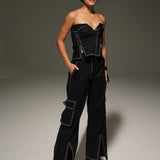 Black Denim Tube Top and Cargo Pants Ensemble