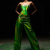 Metallic Green Leather Corset and Pants Set