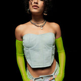 Denim Corset Top with Neon Green Net Sleeves
