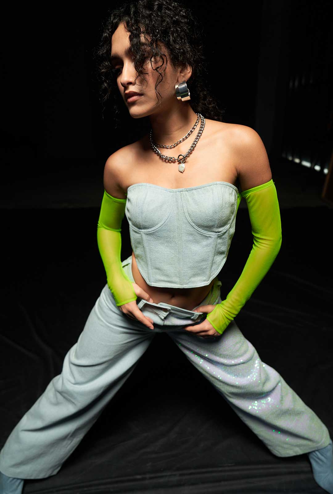 Denim Corset Top with Neon Green Net Sleeves