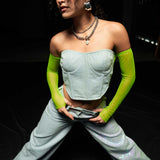 Denim Corset Top with Neon Green Net Sleeves